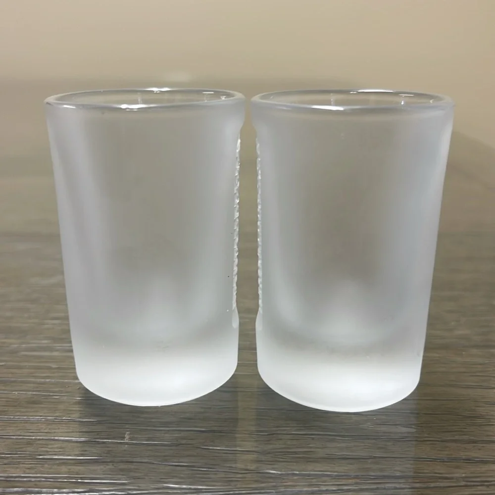 Pair of Embossed Jagermeister Frosted Glass 1 fl. oz Shot Glasses Barware Bar